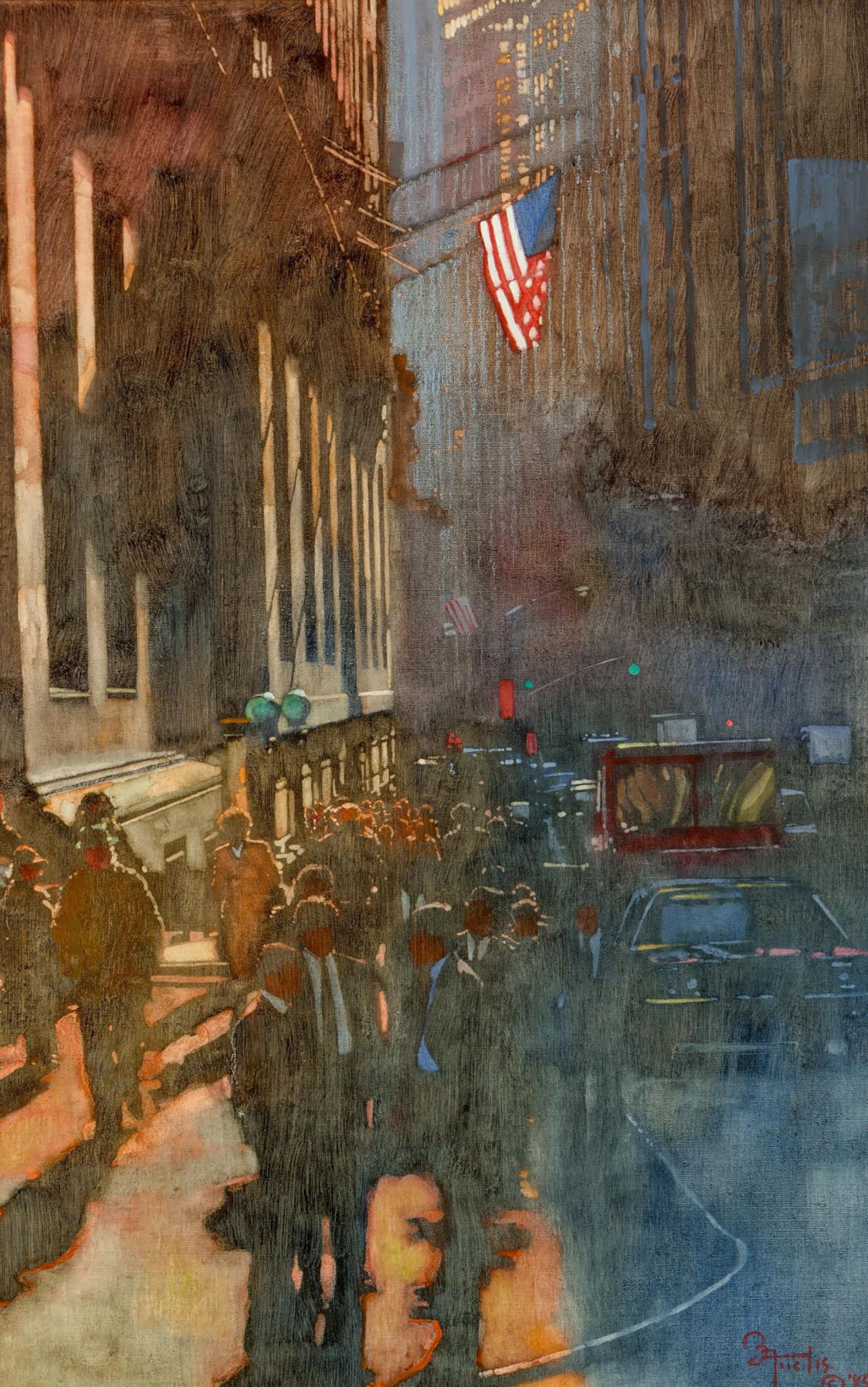 Figurative Painting de Bernie Fuchs - Wall Street en luces y sombras
