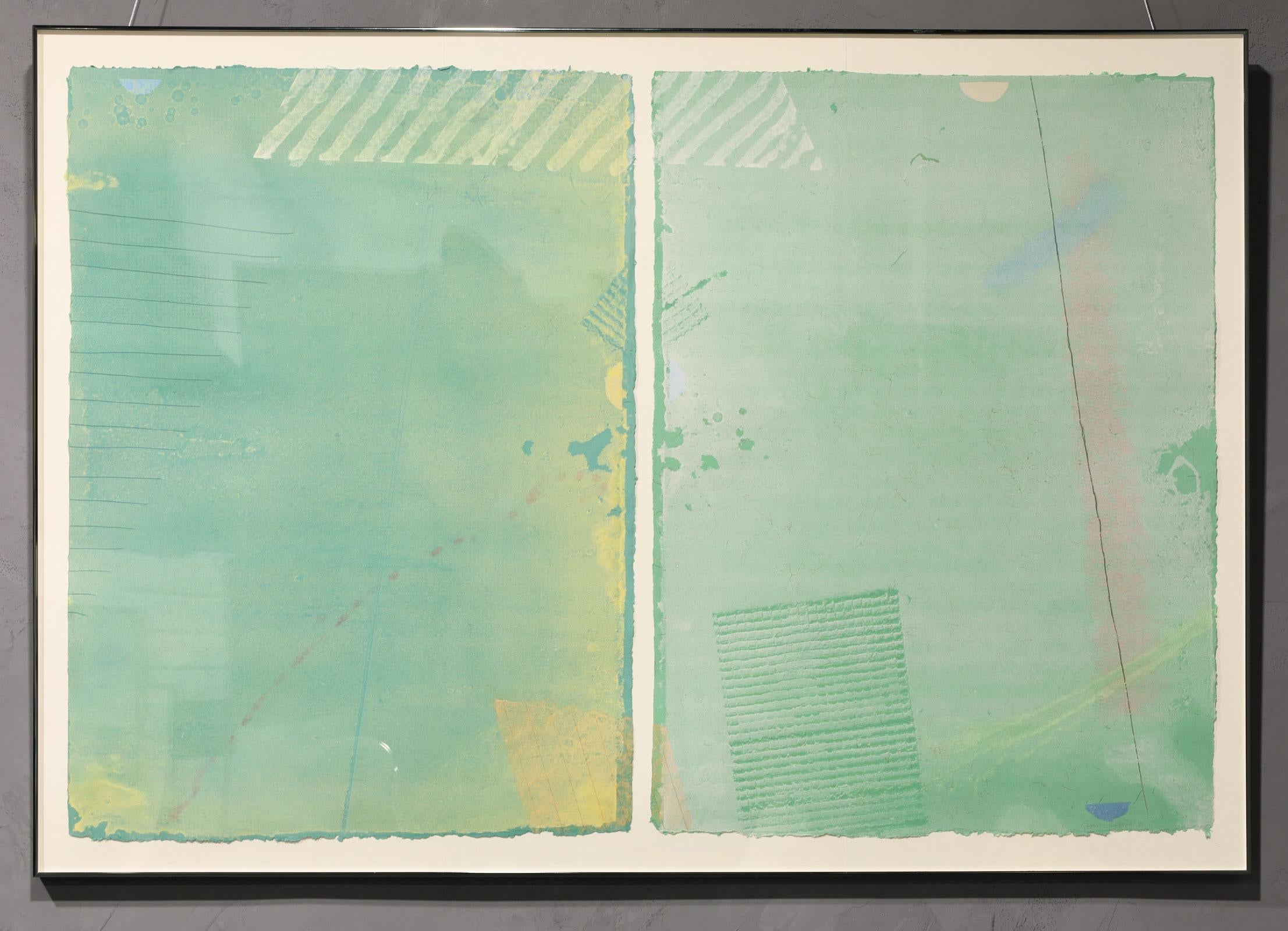 Untitled diptych, dtd 1991
Handmade paper with collaged elements
Overall: 47 x 71 inches. 
These works can be separated and framed individually if desired. 

Bernie Vinzani has a bachelor’s degree and an M.F.A. in printmaking from Indiana State