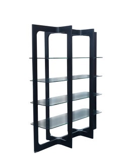 Bernini Attr. Black Lacquered Wood Bookcase with Glass Tops, Italia, 1970s