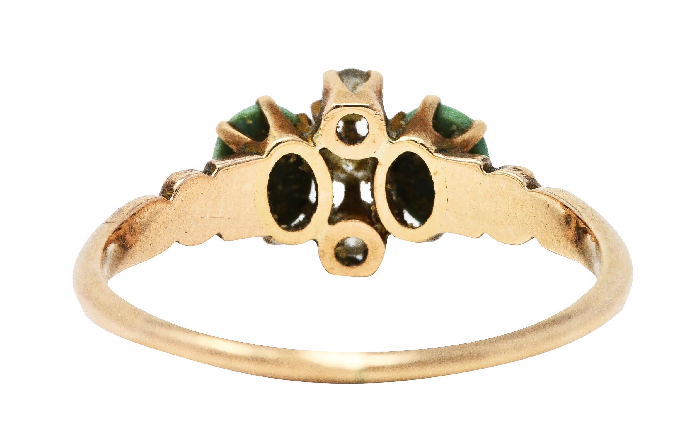Single Cut Bernot & Heger Victorian Diamond Turquoise 14 Karat Rose Gold Ring