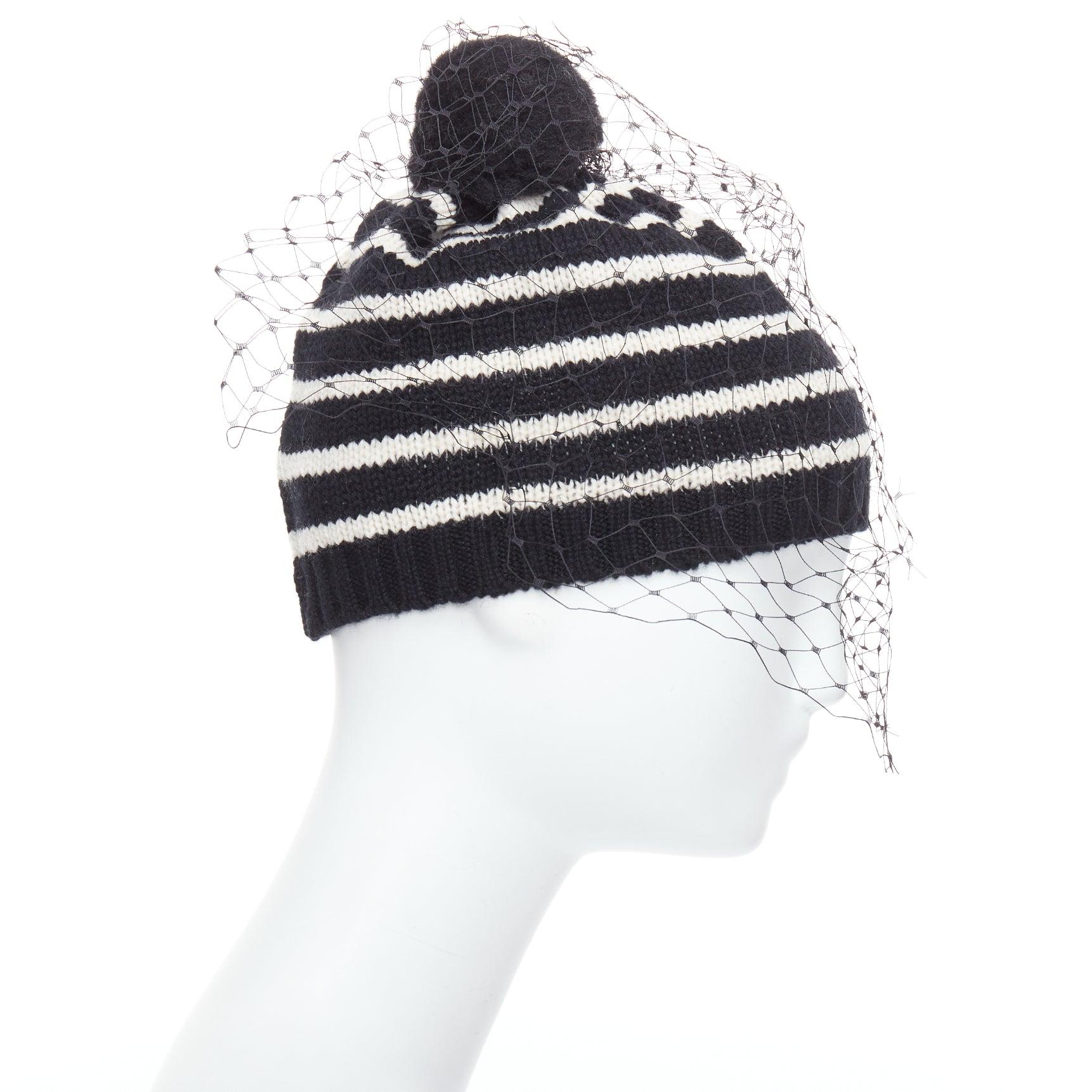 Gray BERNSTOCK SPEIRS 100% cashmere black white striped veil beanie
