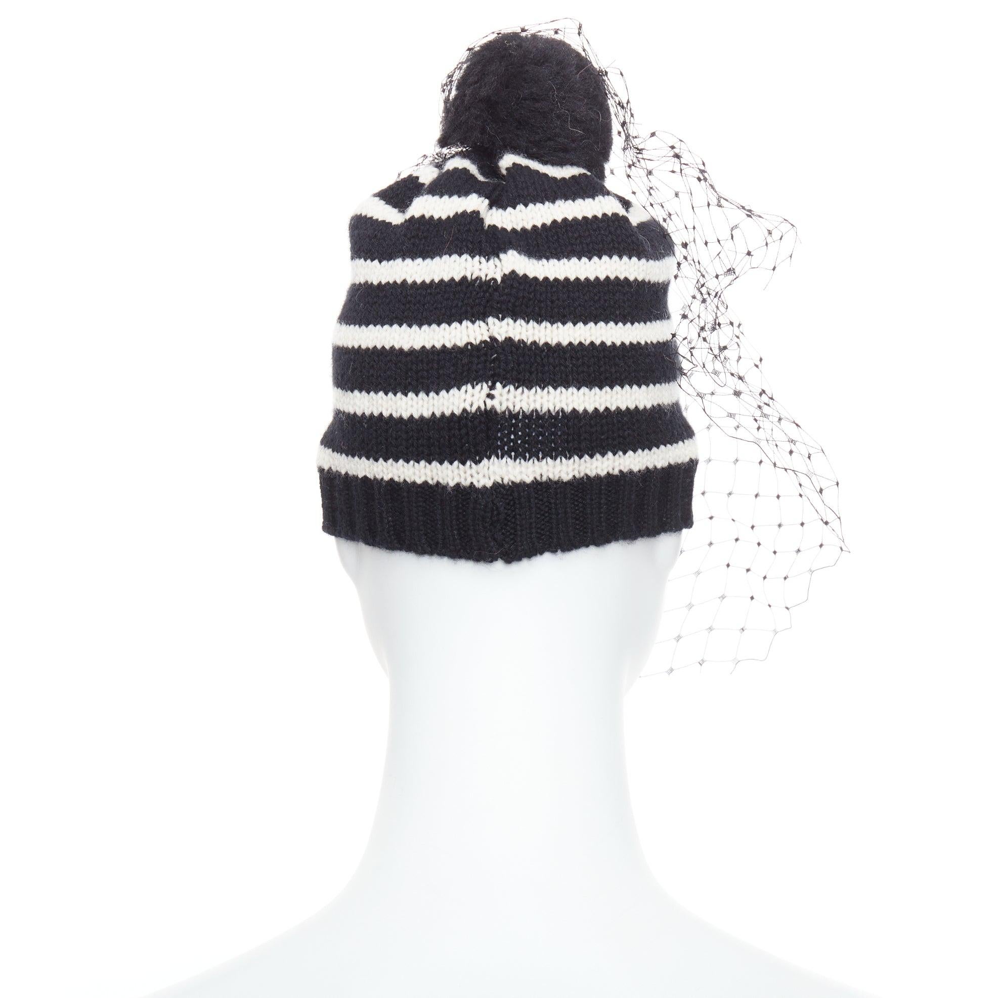 BERNSTOCK SPEIRS 100% cashmere black white striped veil beanie In Excellent Condition In Hong Kong, NT