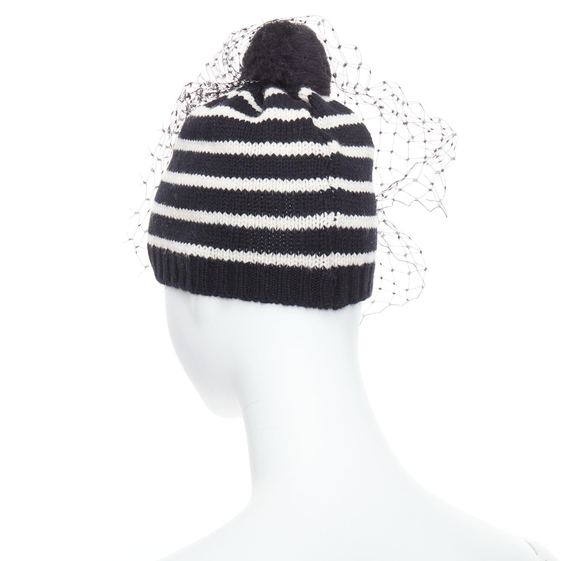 Women's BERNSTOCK SPEIRS 100% cashmere black white striped veil beanie