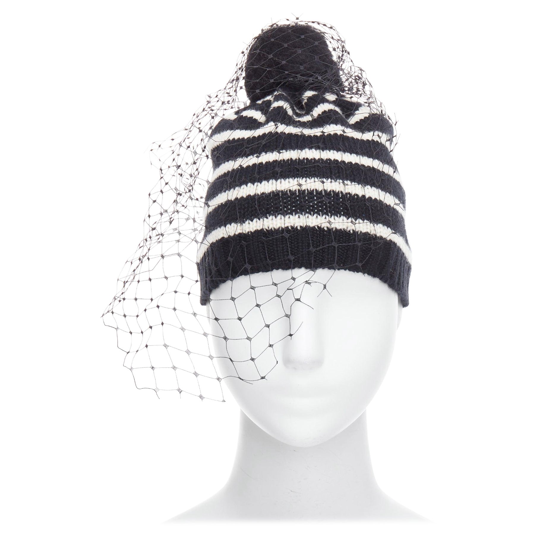 BERNSTOCK SPEIRS 100% cashmere black white striped veil beanie