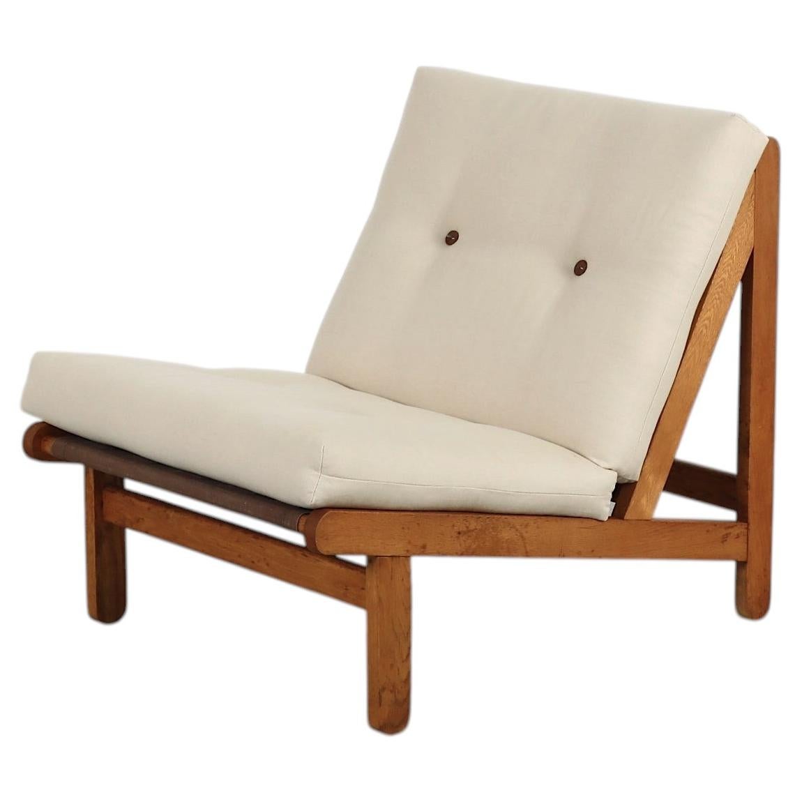 Bernt Pedersen 'Kludestol' Oak Lounge Chair, Cream Linen, 1970s Denmark