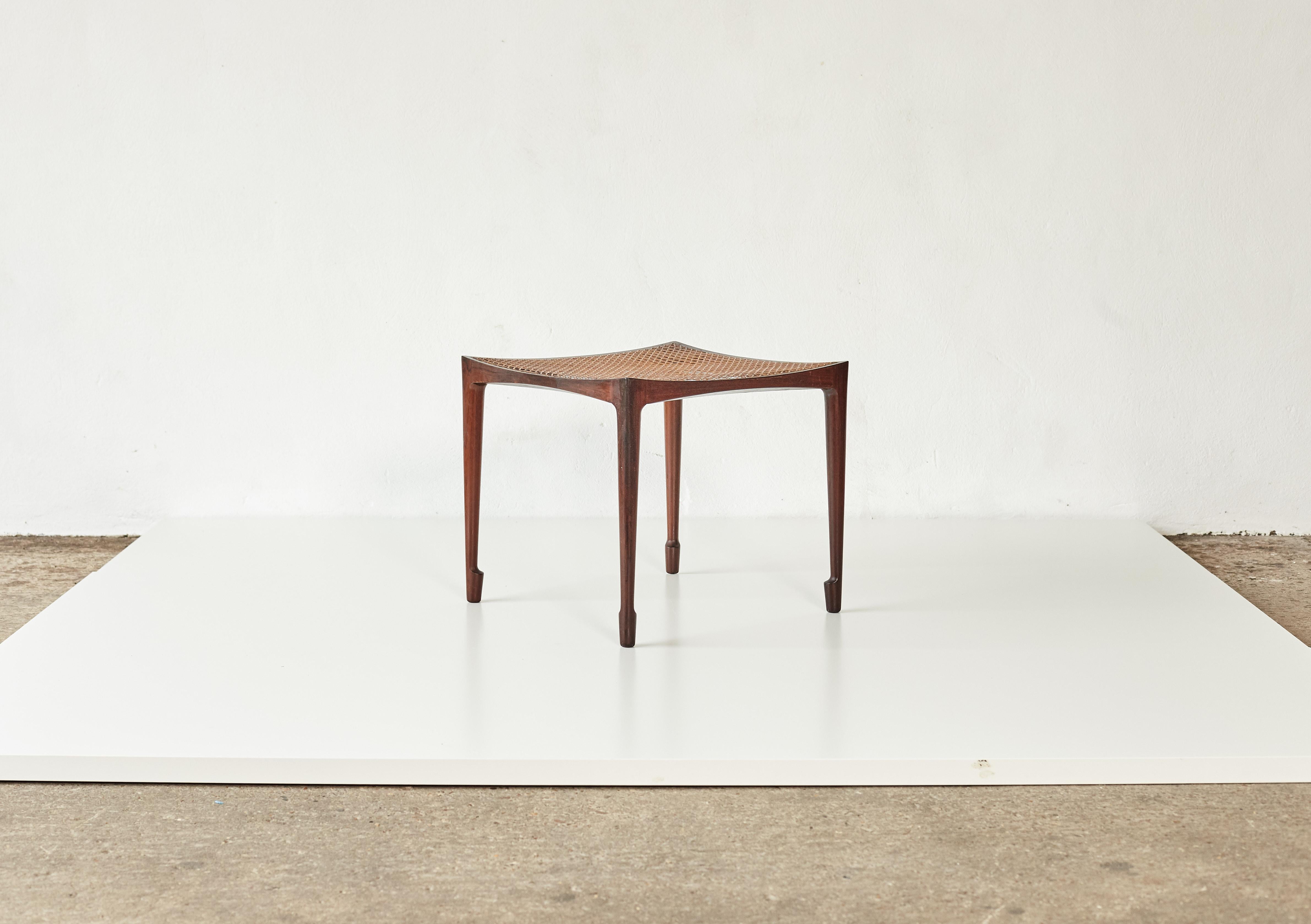 Bernt Petersen rosewood and cane stool, 1960s, Denmark. Good condition, original cane with minor breaks. First exhibited at the cabinet makers exhibition 1958. Produced by Wørts. Ships worldwide.