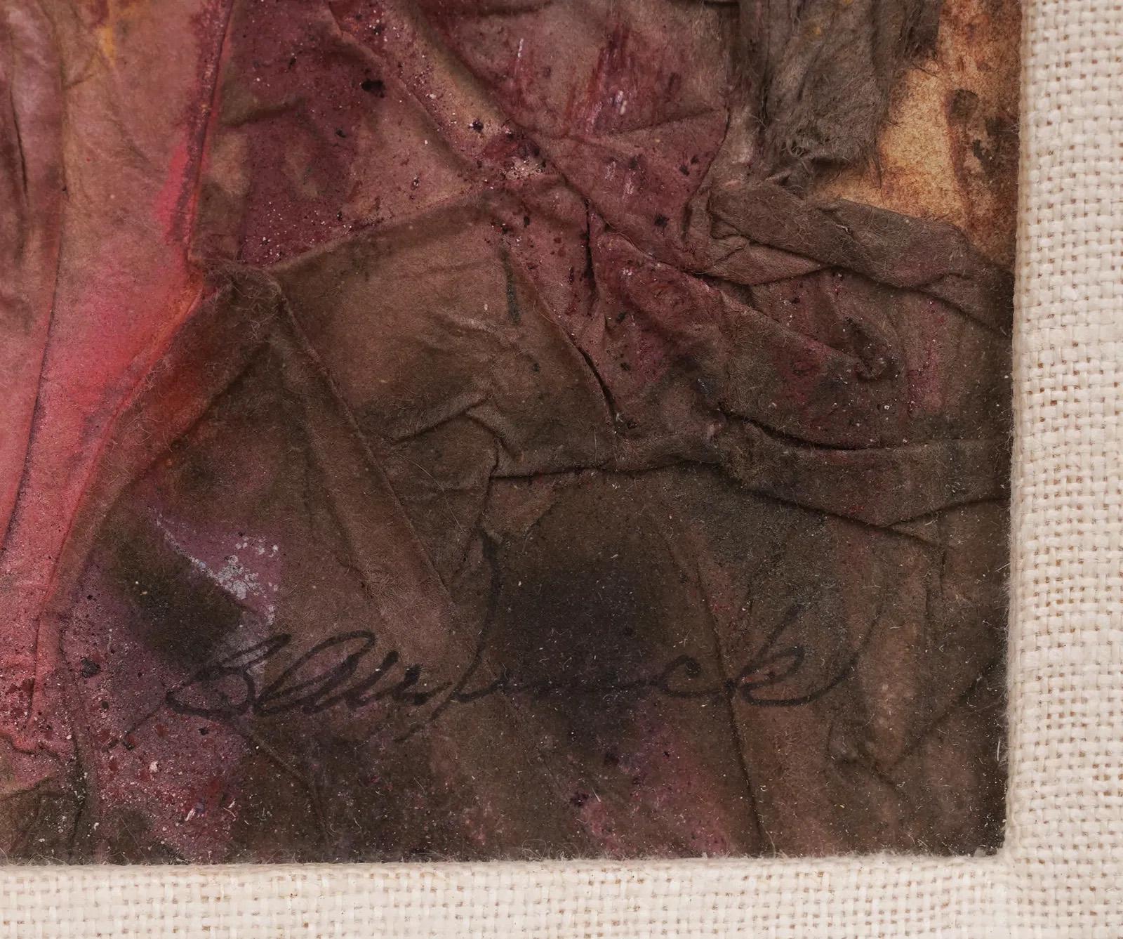 Antico dipinto espressionista astratto americano a tecnica mista di Bernyce Alpert Winick 1922-2022. Acquerello e carta da collage. Firmato.  Incorniciato. 