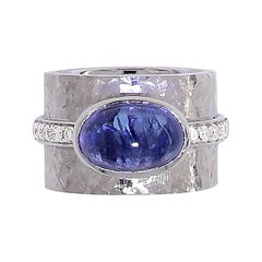 Berquin Certified 6.05 Carat Blue Tanzanite Cabochon 18 Karat White Gold Ring