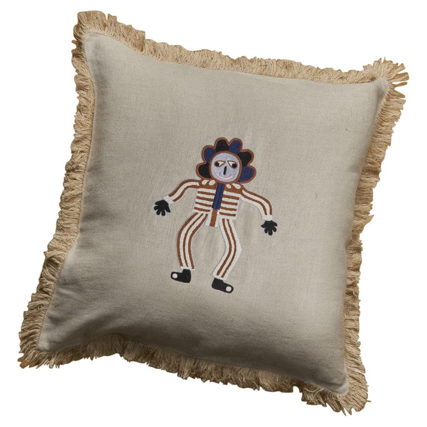 Berre, Hand Embroidered Beige Linen Character Cushion For Sale