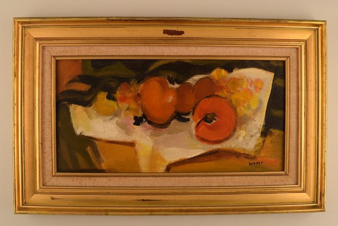 Berret, French artist. Oil on board. 
Modernist still life with fruits. 1960s.
The board measures: 43 x 21 cm.
The frame measures: 7.5 cm.
In excellent condition.
Signed.