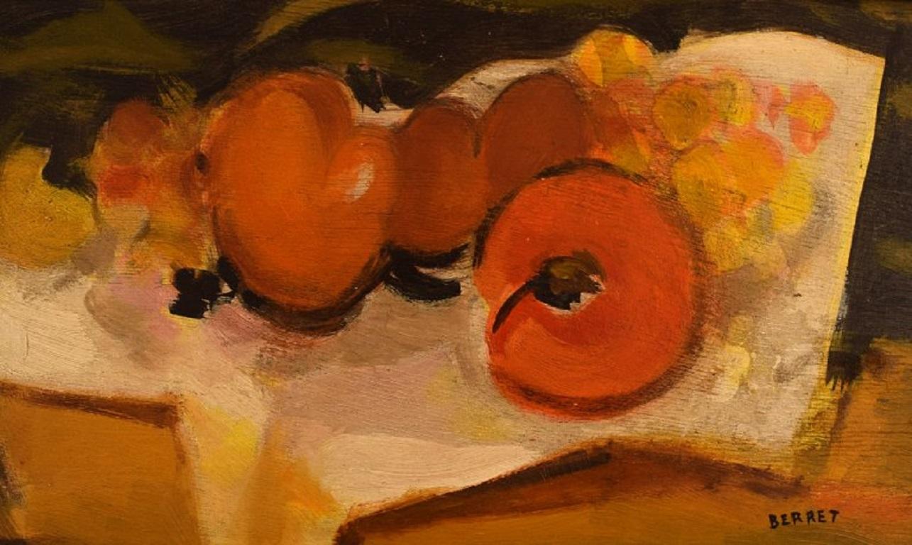 Berret, French Artist, Oil on Board, Modernist Still Life with Fruits, 1960s In Excellent Condition In Copenhagen, DK