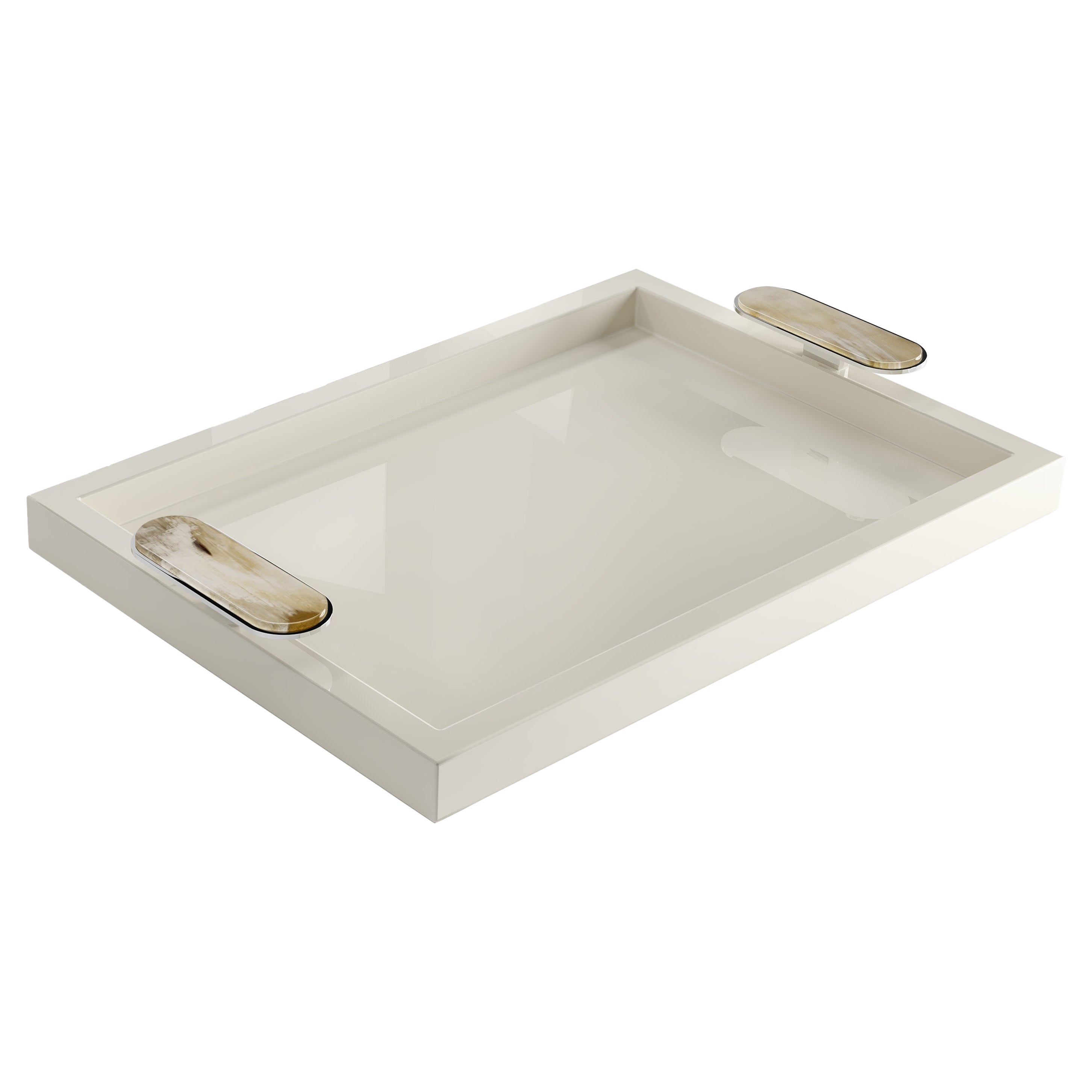 Berro Tray in Glossy Ivory Lacquered Wood and Corno Italiano, Mod. 2416
