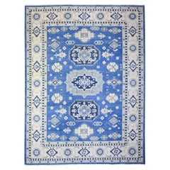 Alfombra oriental de pura lana anudada a mano Kazak de aspecto vintage azul baya 9'0" x 11'5