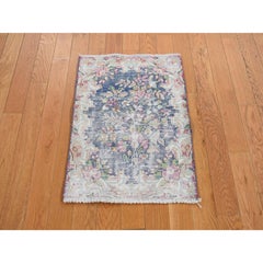 Berry Blue Vintage Zoroastrian Karman Worn Down Hand Knotted Pure Wool Mat Rug