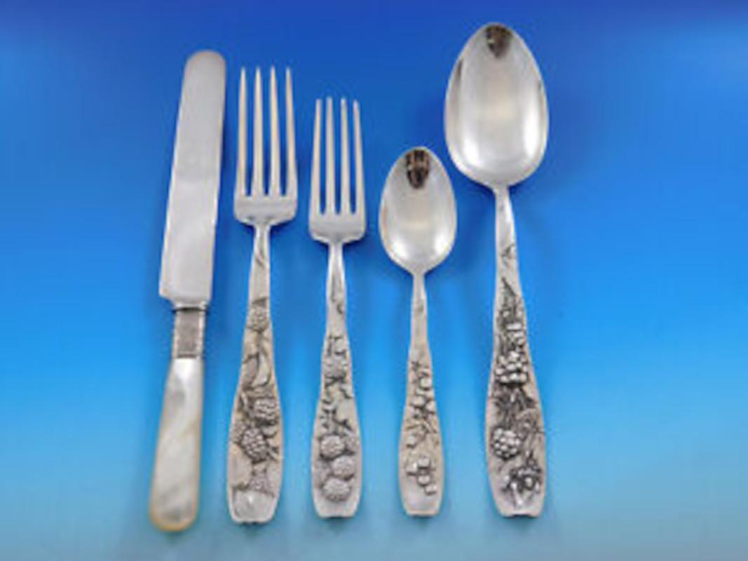 Rare multi-motif Berry by Whiting, circa 1880, sterling silver Flatware set - 59 pieces (including Mother of Pearl Knives). This pattern features a variety of dimensional, finely detailed fruit motifs on intricate, geometric backgrounds. This set