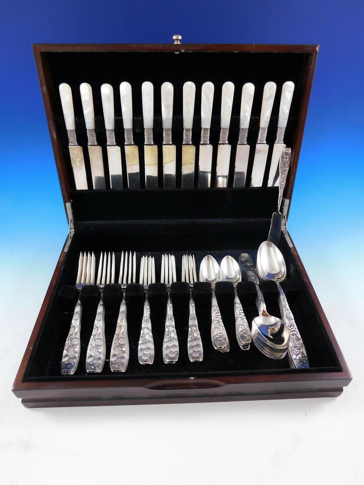 Rare multi-motif Berry by Whiting, circa 1880, sterling silver Flatware set - 60 pieces (including Mother of Pearl Knives). This pattern features a variety of dimensional, finely detailed fruit motifs on intricate, geometric backgrounds. This set