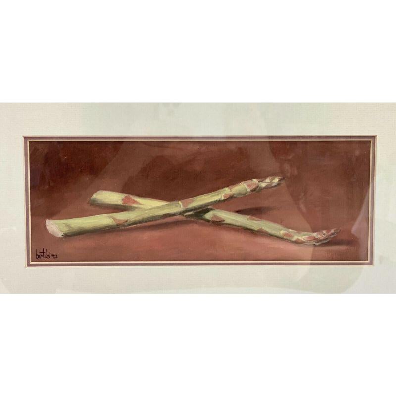 Bert Beirne oil on board or panel painting, Asparagus. Signed

The painting depicts two pieces of asparagus against a rust red backdrop. Signed to the lower left. In a silvered and gilt wood glass frame.

Additional Information:
Painting