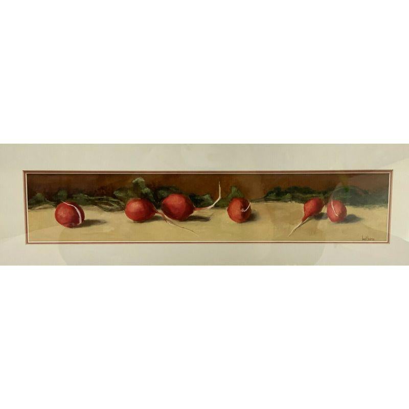 Bert Beirne oil on board or panel painting, radishes, Signed

The painting depicts 6 pieces of radish on a table. Signed to the lower right. In a gilt wood glass frame.

Additional information:
Painting Surface: Panel 
Features: Signed
Region