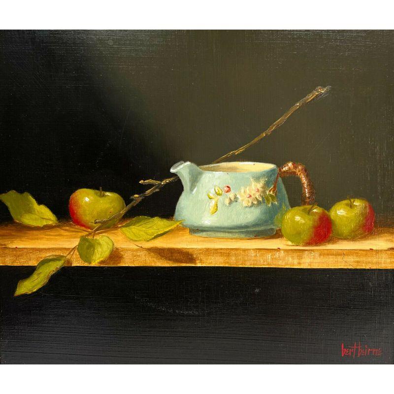 Bert Beirne Oil on Panel Roseville Creamer and Apples

The painting depicts a porcelain creamer on a wooden table with 3 green apples. Signed to the lower right. In a blue wooden frame.

Additional Information:
Painting Surface: Panel