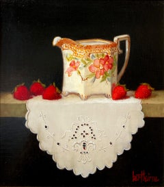 "Quimper Creamer and Strawberries" Still Life Oil Painting on Wood Panel