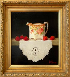"Quimper Creamer and Strawberries" Still Life Oil Painting on Wood Panel