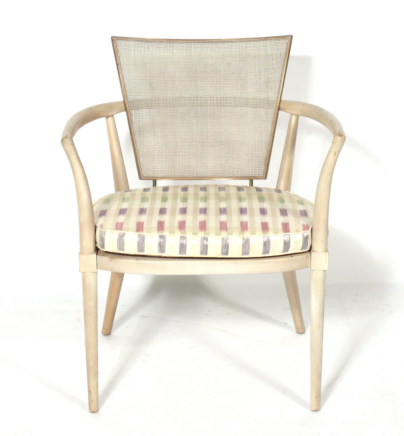 Elegant caned back lime washed wood lounge chairs, designed by Bert England for Johnson Furniture, American, circa 1960s. They are currently being reupholstered and can be completed in your fabric. Simply send us 1.5 yards of your fabric after
