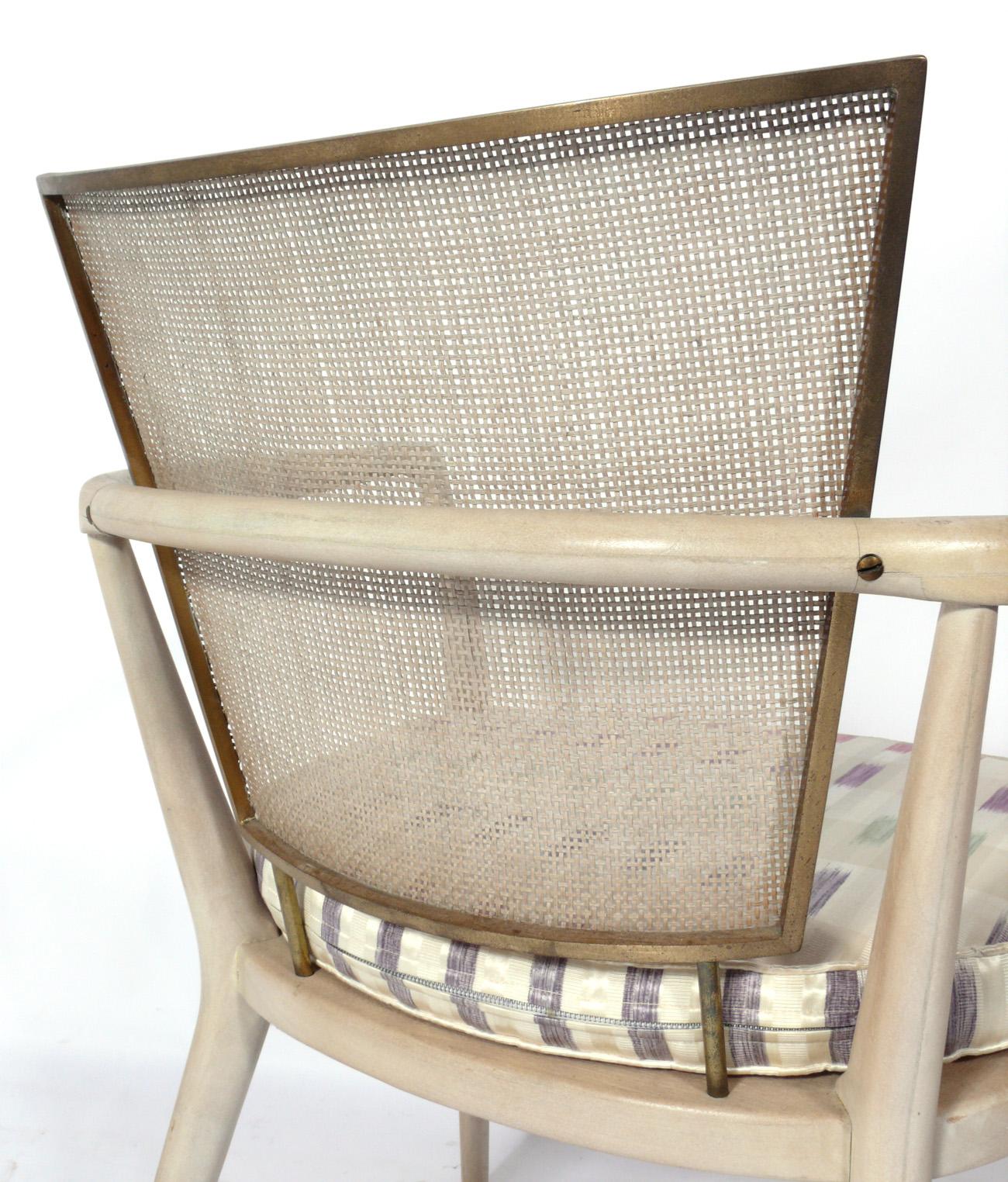 American Bert England Caned Back Lime Washed Wood Lounge Chairs For Sale