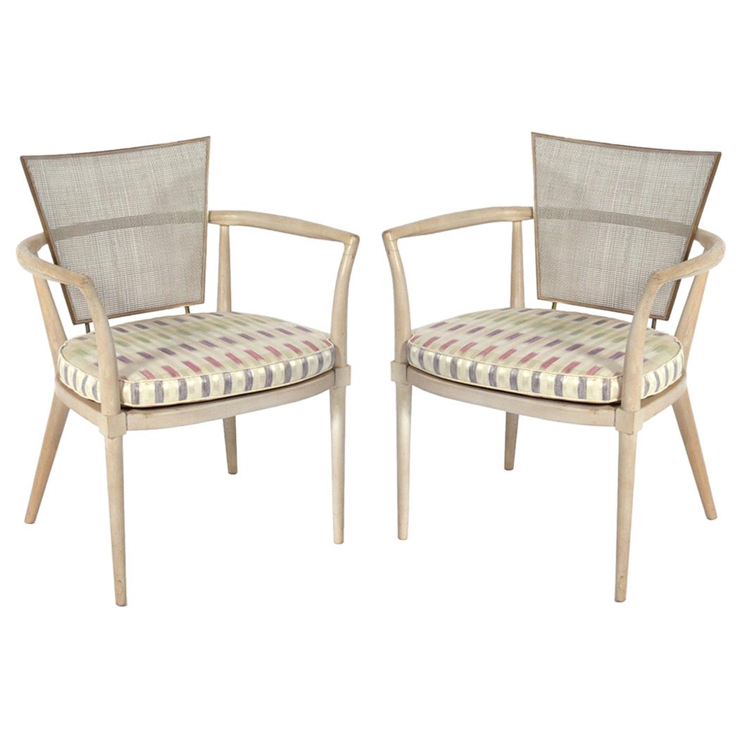 Bert England Caned Back Lime Washed Wood Lounge Chairs