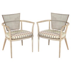 Bert England Caned Back Lime Washed Wood Lounge Chairs