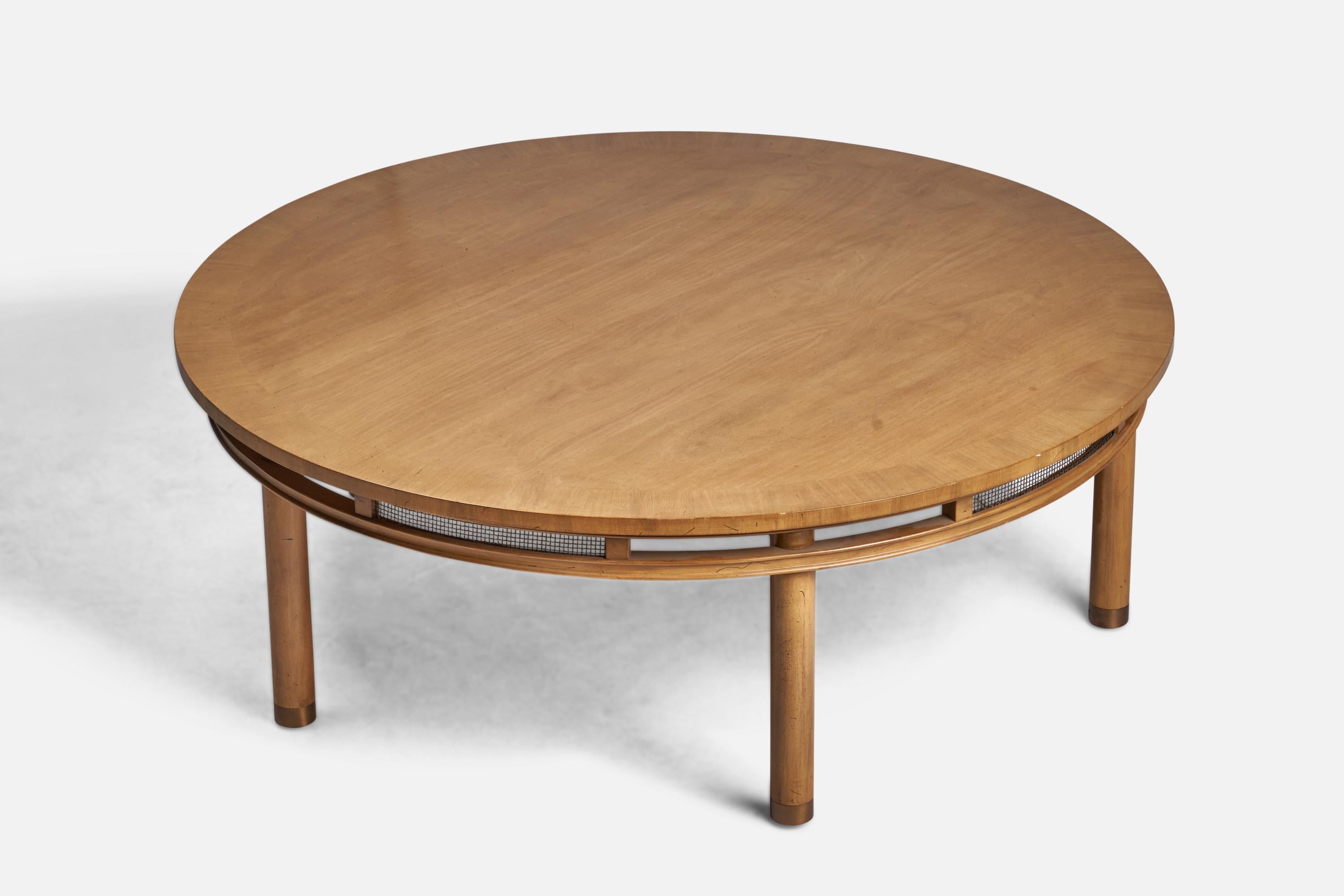 A bleached mahogany, brass and metal string coffee table designed and produced by Bert England, USA, c. 1940s.