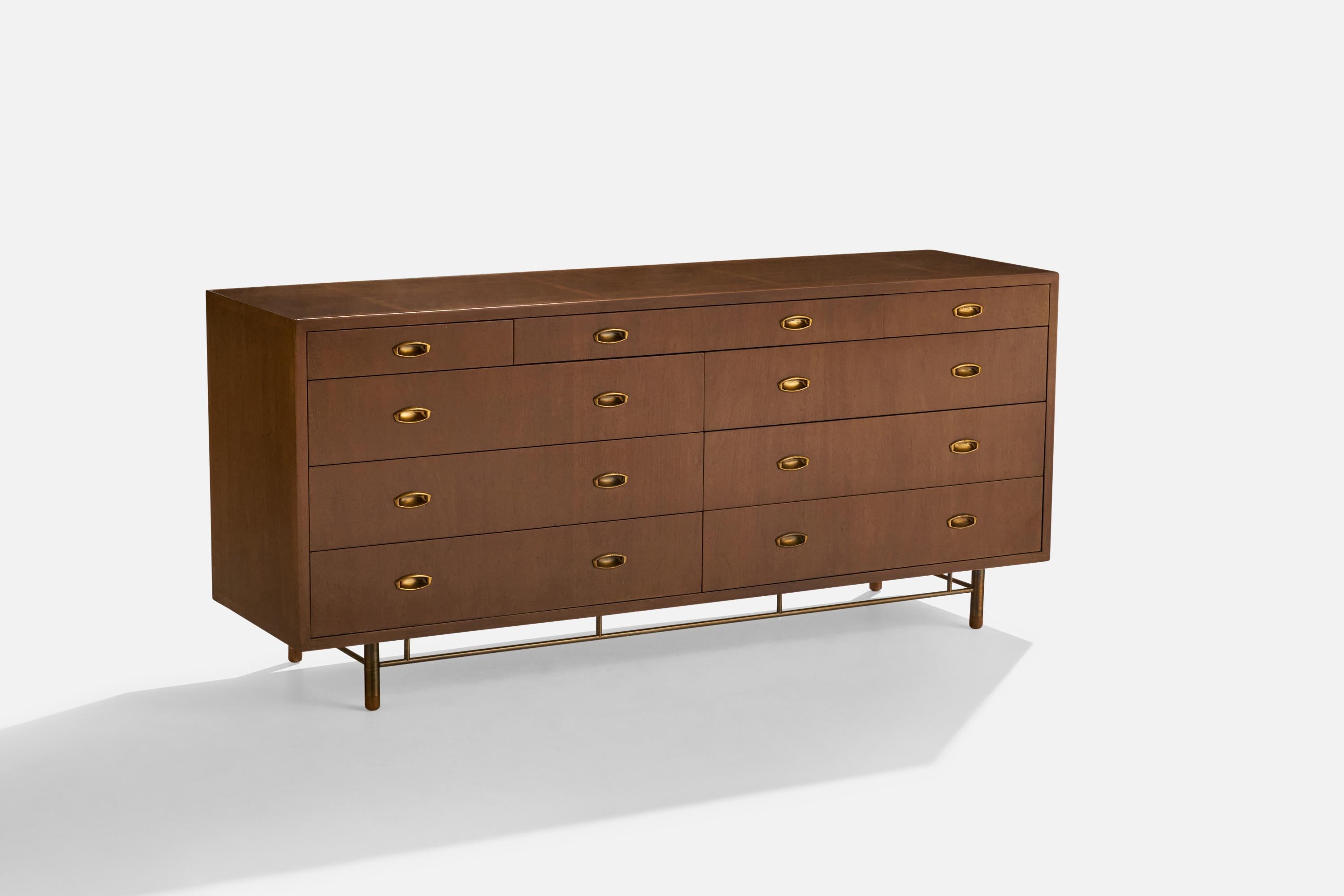 A wood and brass dresser or chest of drawers, designed by Bert England and produced by Johnson Furniture Company, Grand Rapids, Michigan, USA, c. 1940s.