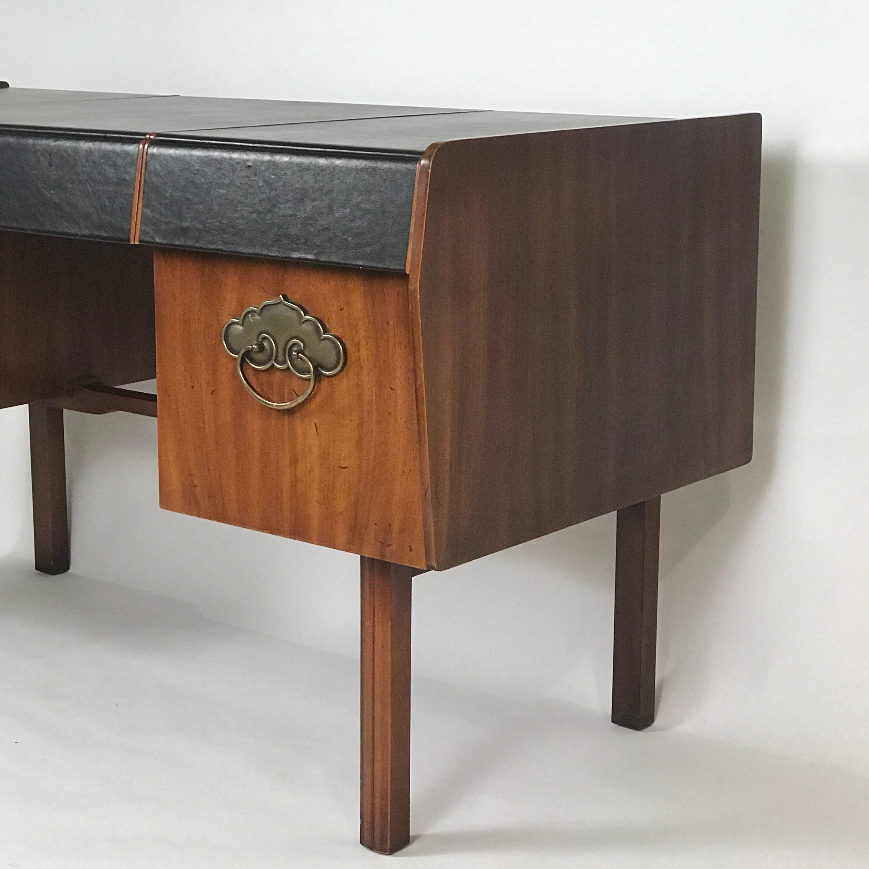 American Bert England for John Widdicomb Leather Top Walnut Stilted Desk with Brass Pulls
