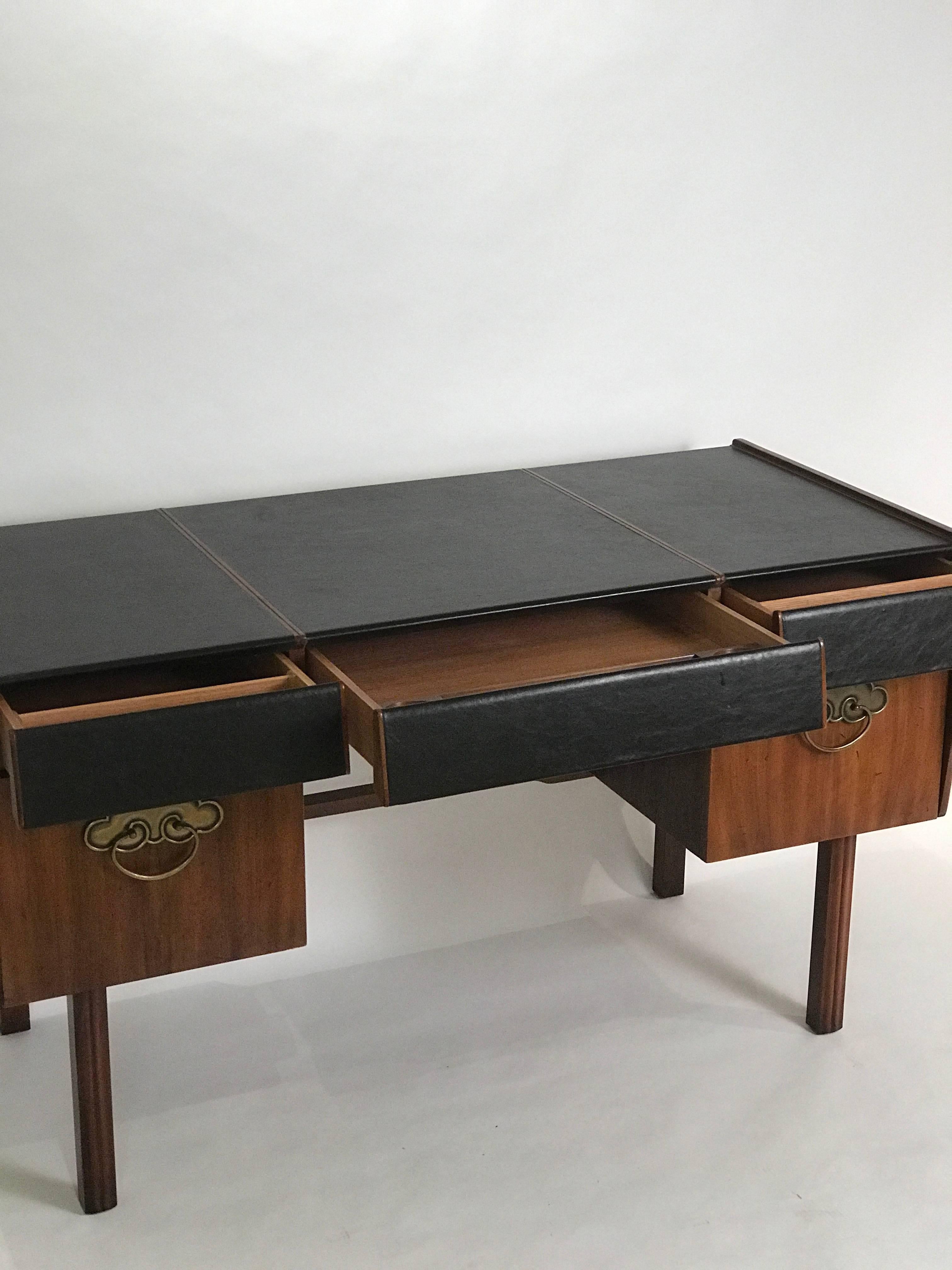 Mid-20th Century Bert England for John Widdicomb Leather Top Walnut Stilted Desk with Brass Pulls