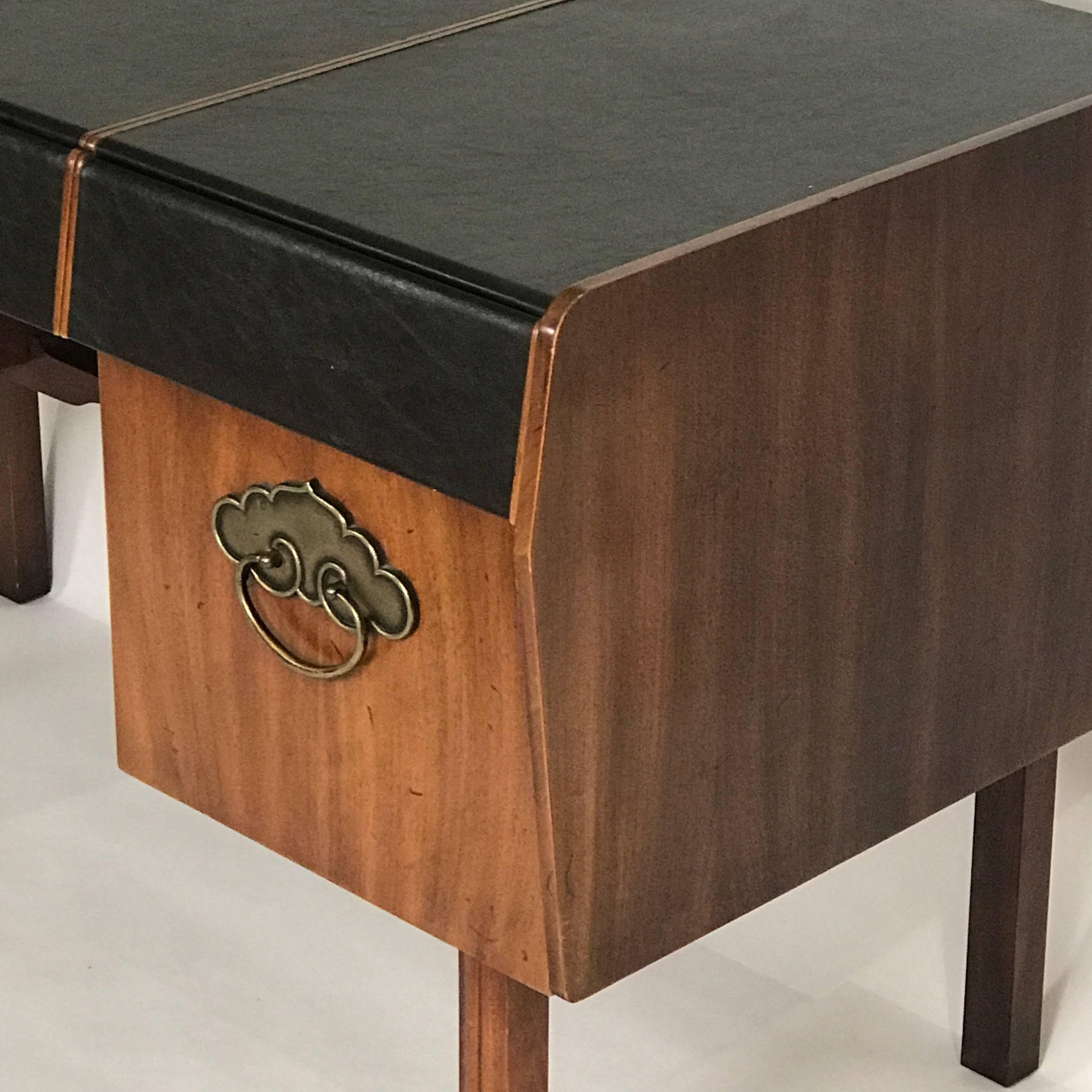 Bert England for John Widdicomb Leather Top Walnut Stilted Desk with Brass Pulls 1