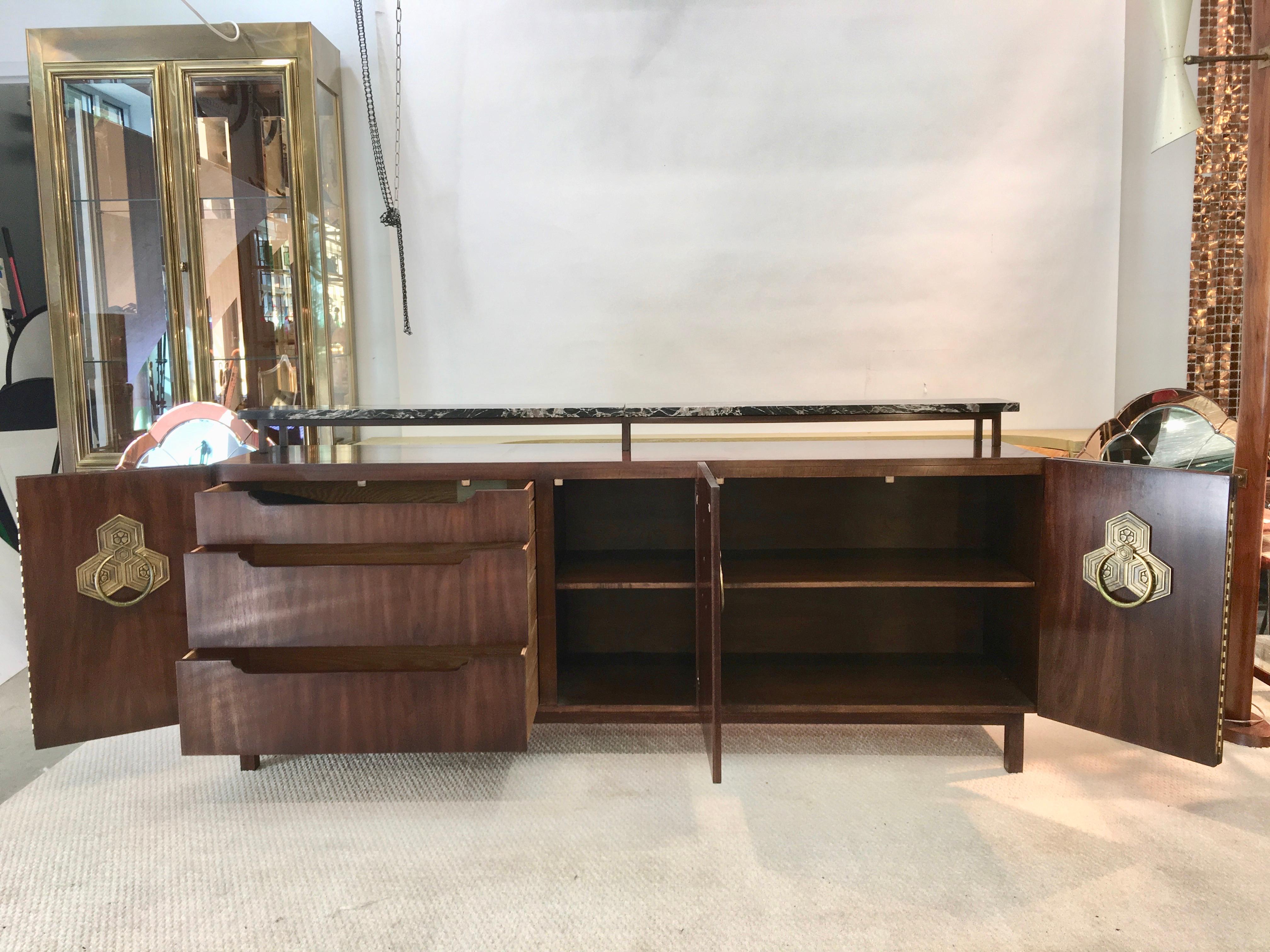 Bert England for John Widdicomb Persian Walnut Buffet with Marble Half Shelf In Good Condition In Hanover, MA