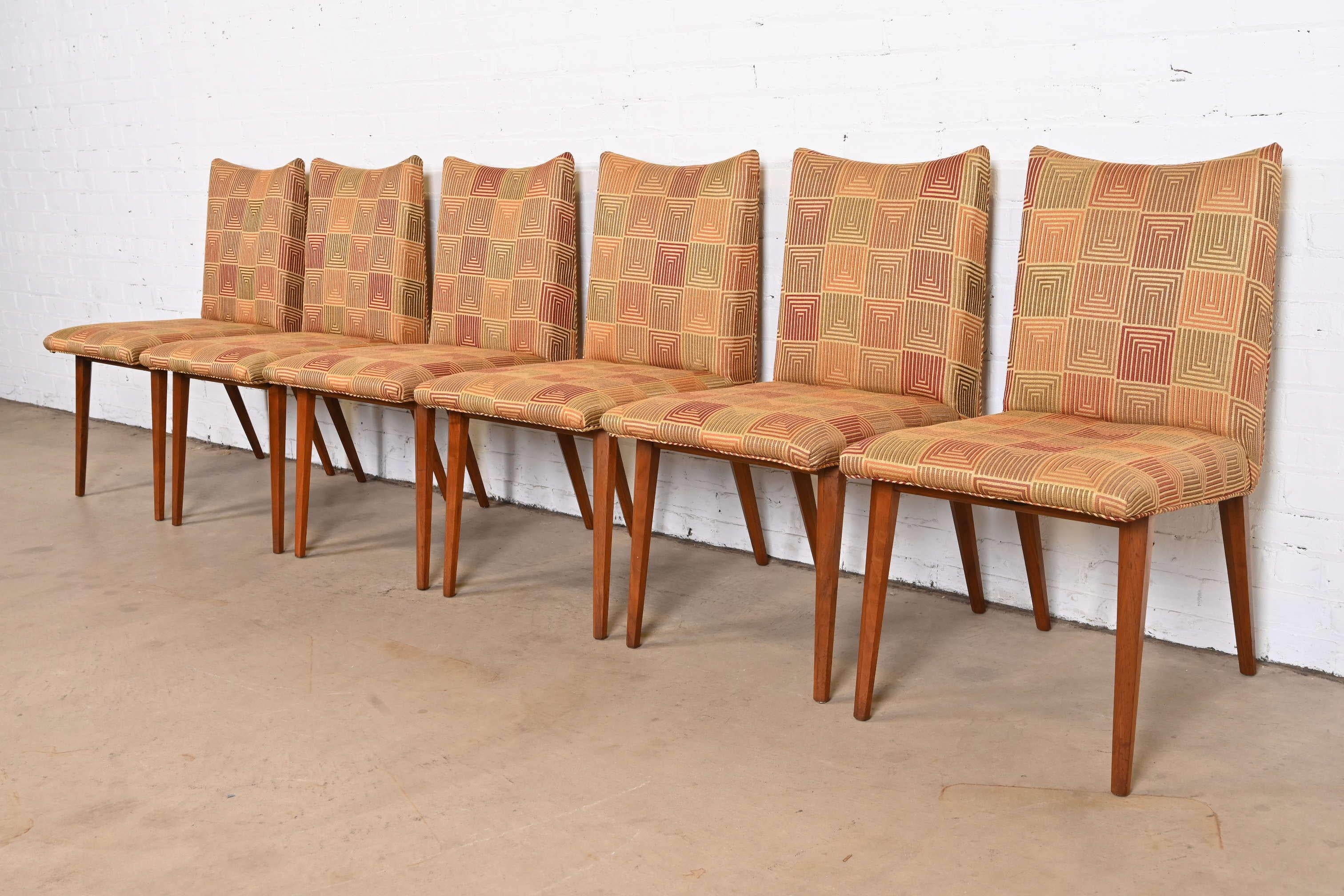 Mid-Century Modern Bert England for Johnson Furniture Sculpted Walnut Upholstered Dining Chairs For Sale