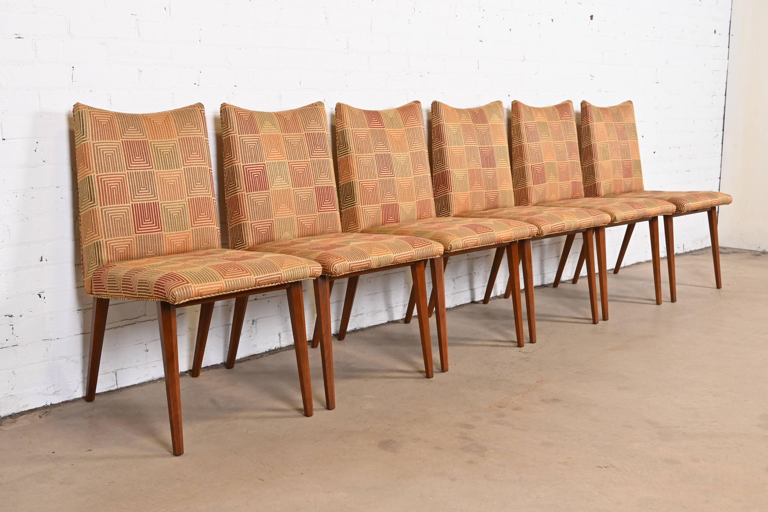 Bert England for Johnson Furniture Sculpted Walnut Upholstered Dining Chairs In Good Condition For Sale In South Bend, IN