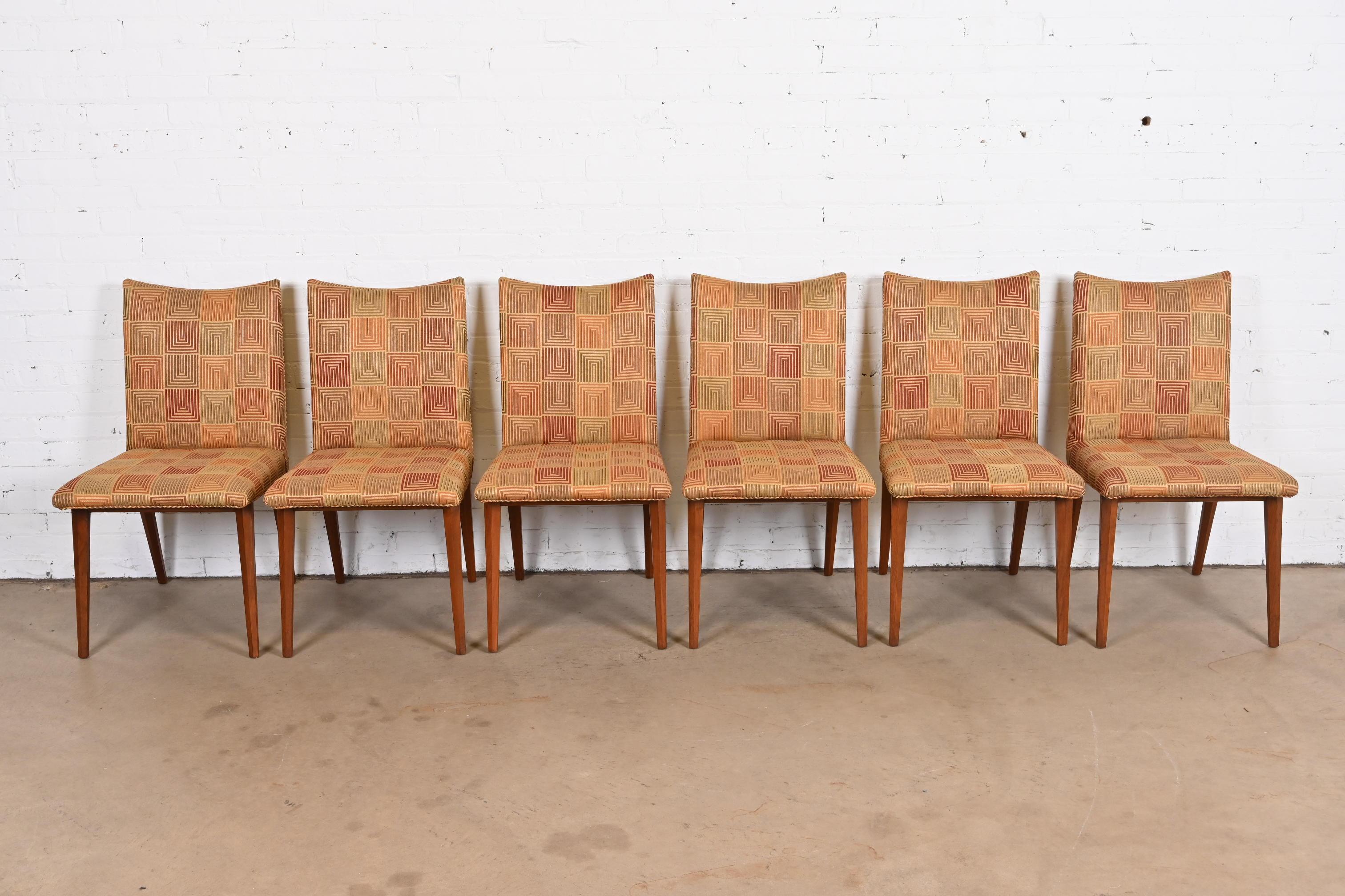 Mid-20th Century Bert England for Johnson Furniture Sculpted Walnut Upholstered Dining Chairs For Sale