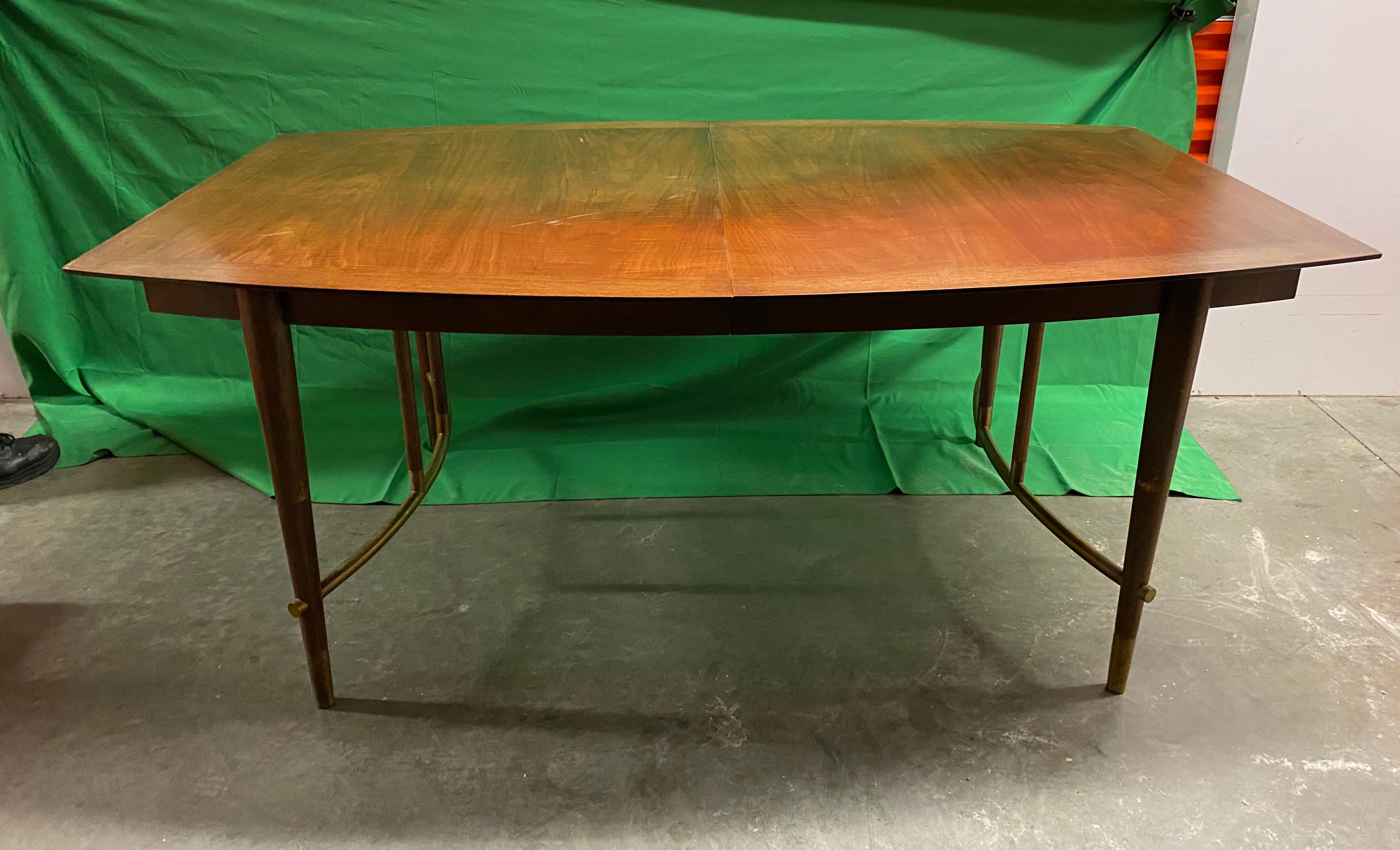 Bert England Mid-Century Modern Walnut and Brass Dining Table with Curved Shape For Sale 1