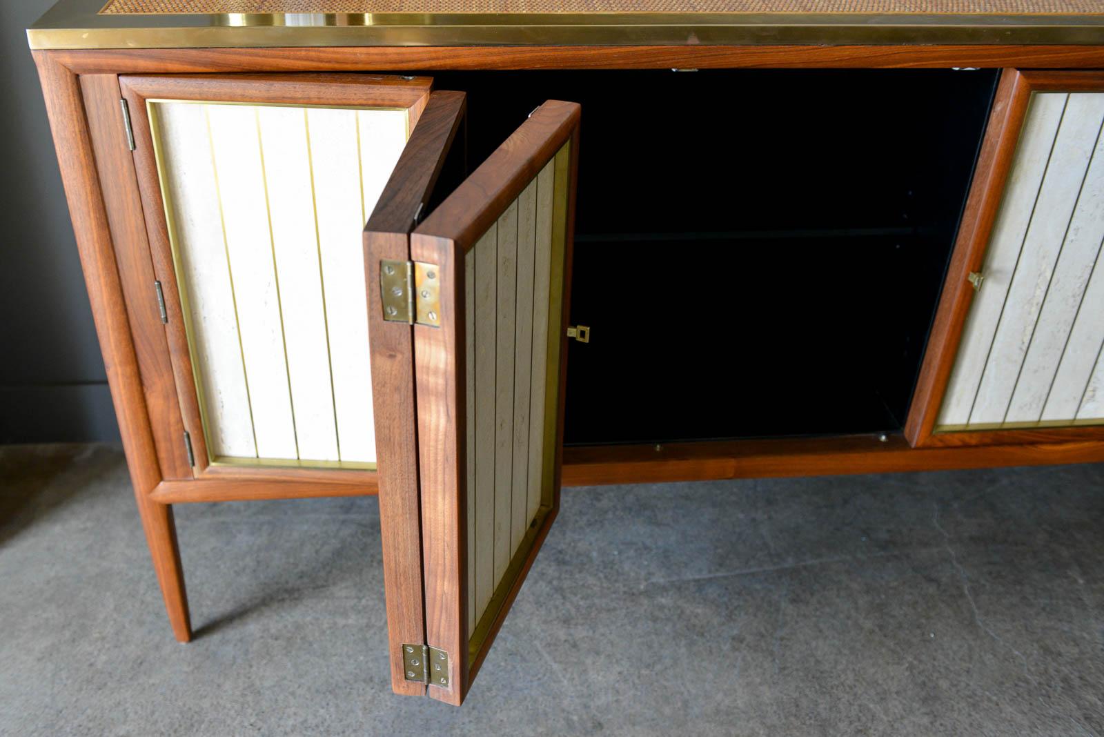 Bert England Walnut, Cane, Brass and Travertine Credenza, circa 1955 5