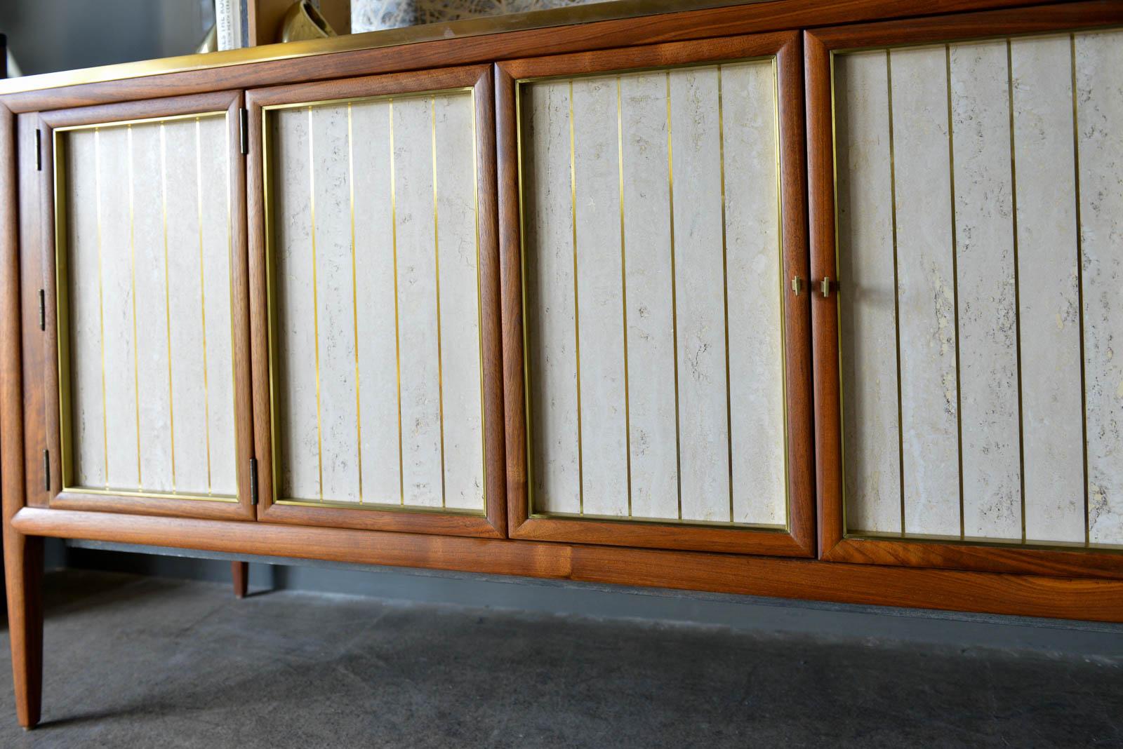 Mid-Century Modern Bert England Walnut, Cane, Brass and Travertine Credenza, circa 1955