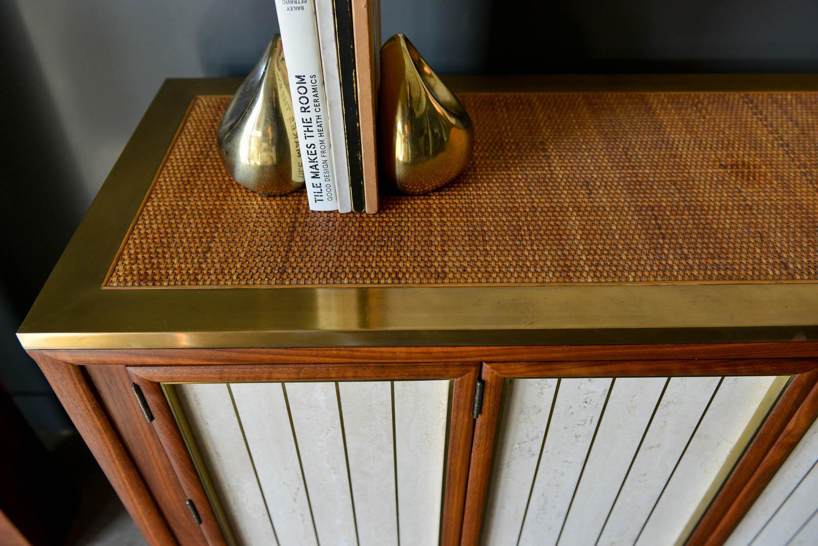 Mid-20th Century Bert England Walnut, Cane, Brass and Travertine Credenza, circa 1955