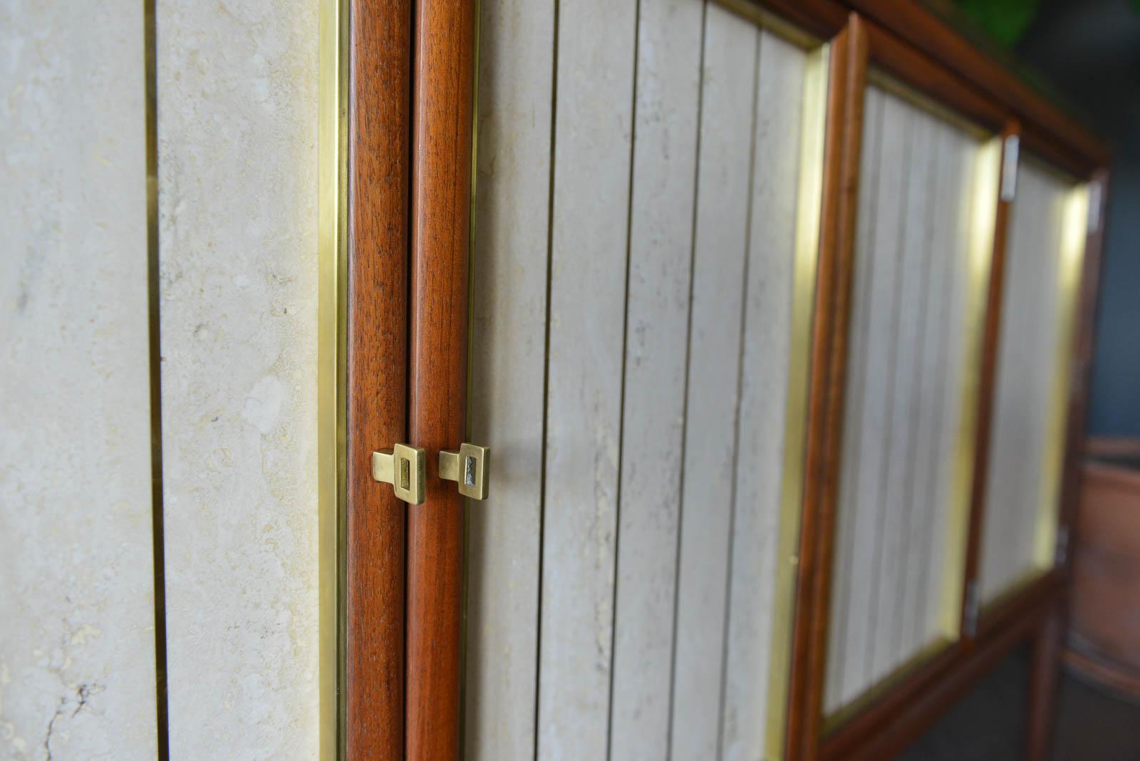 Bert England Walnut, Cane, Brass and Travertine Credenza, circa 1955 3