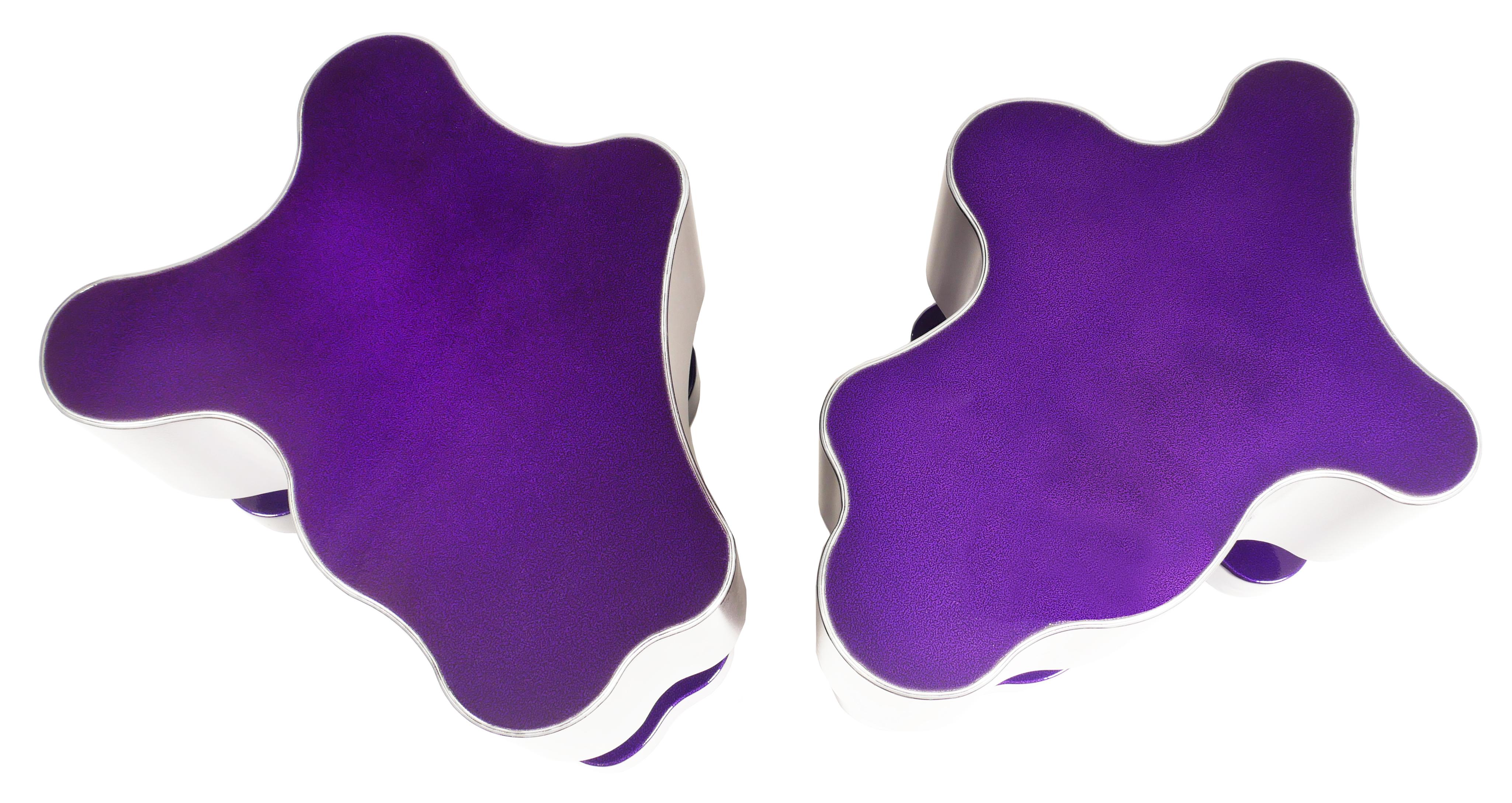 Bert Furnari studio free-form abstract side tables in powder-coated aluminum

Offered for sale is a pair of one-of-a-kind aluminum side tables with a violet powder-coated finish. This pair of unique tables is hand-made in the artist's studio using