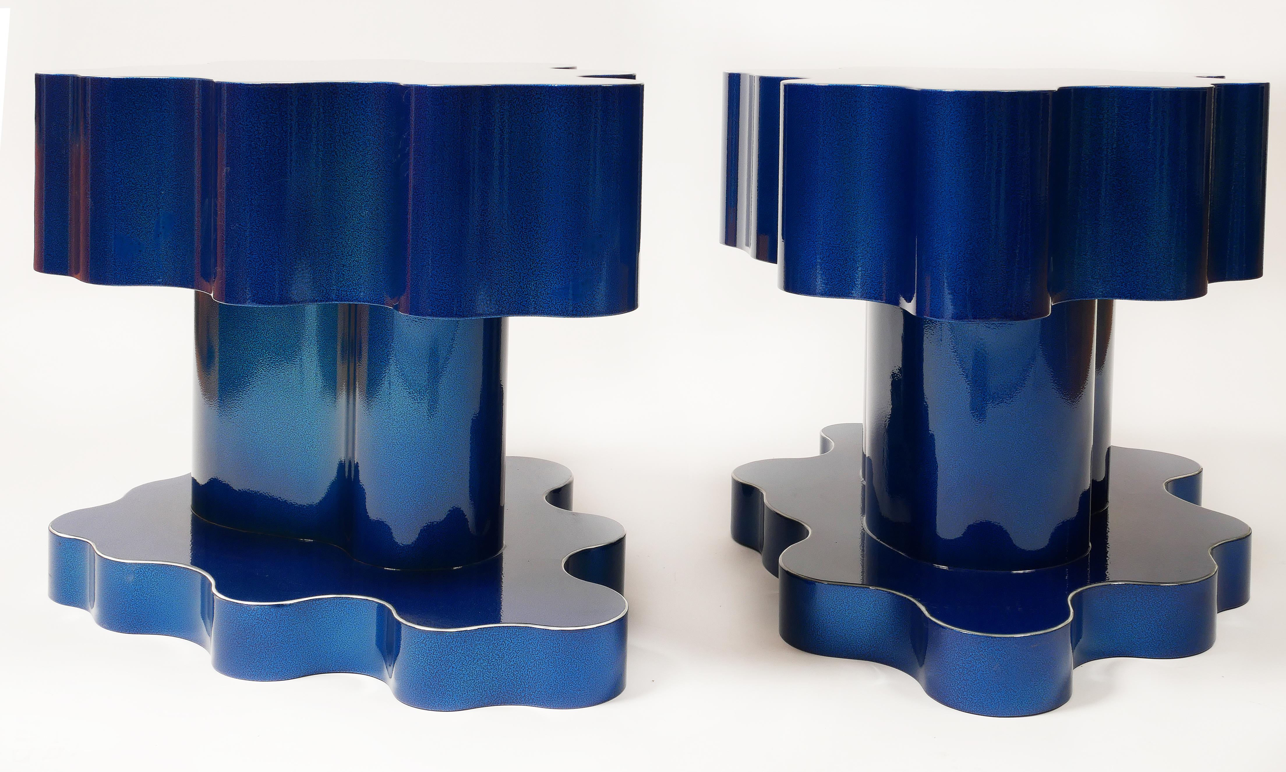 Bert Furnari Studio free-form Abstract side tables, pair 

Offered for sale is a pair of Bert Furnari Studio one-of-a-kind, free form powder-coated aluminum pedestal style side tables with a signature 'bespoke blue