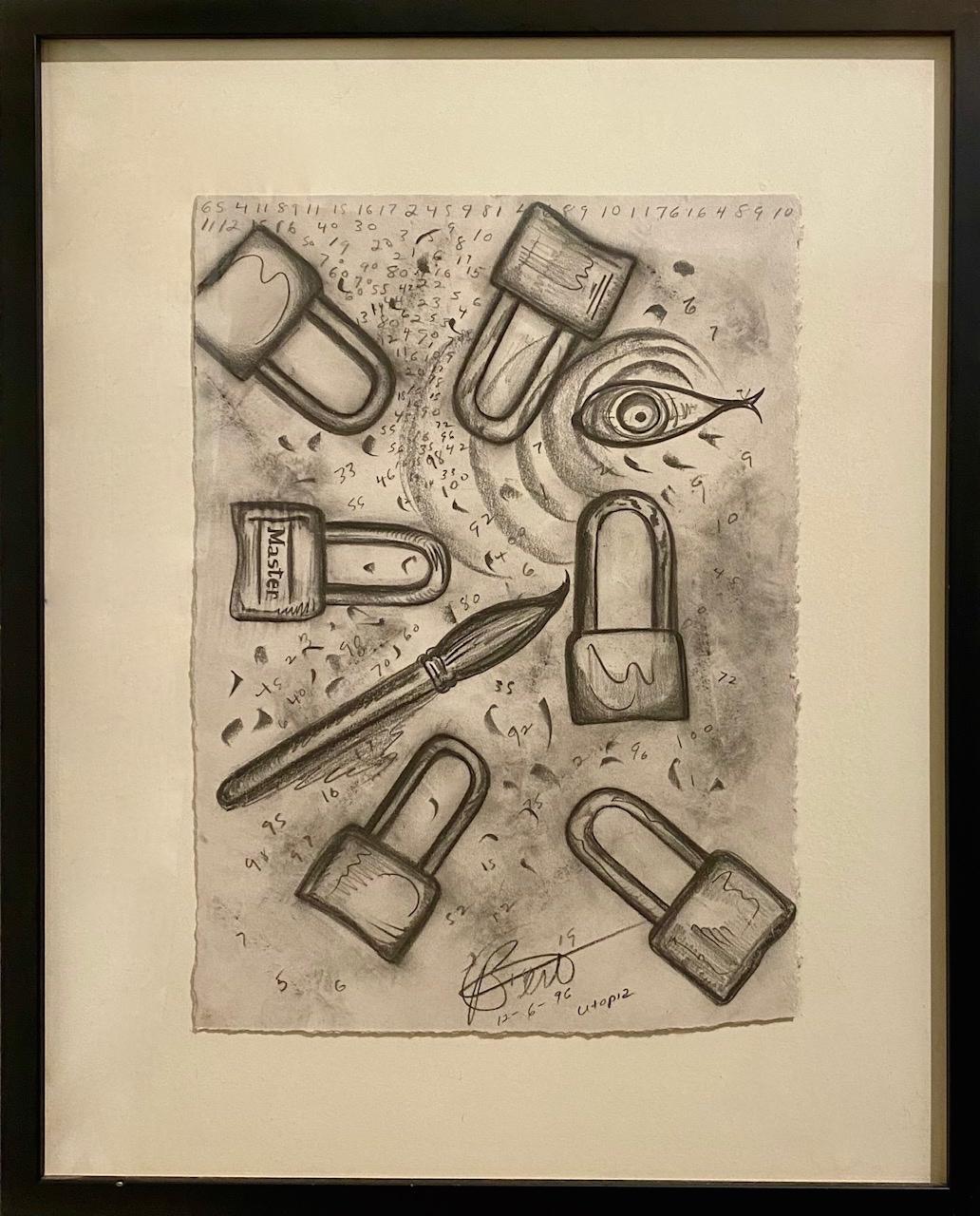 "Master (Utopia), " Charcoal drawing on Paper, Folk Art, Signed in Black Frame