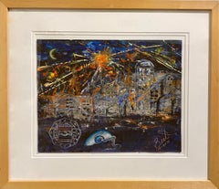 "Sleepless Night, " Mixed Media City Landscape Painting on Paper