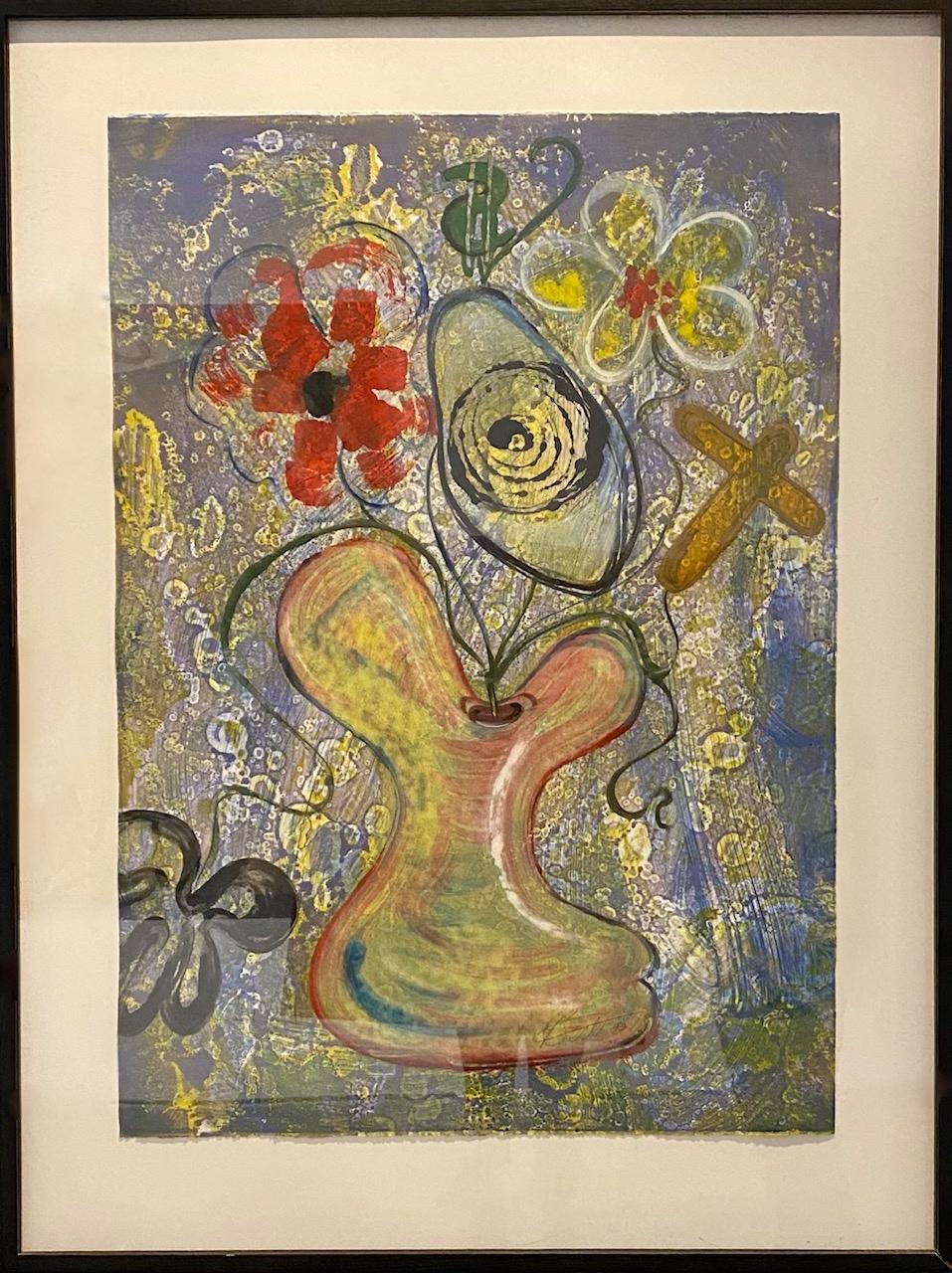 "Jarrón de ultratumba", Monoprint abstracto de colores en marco negro
