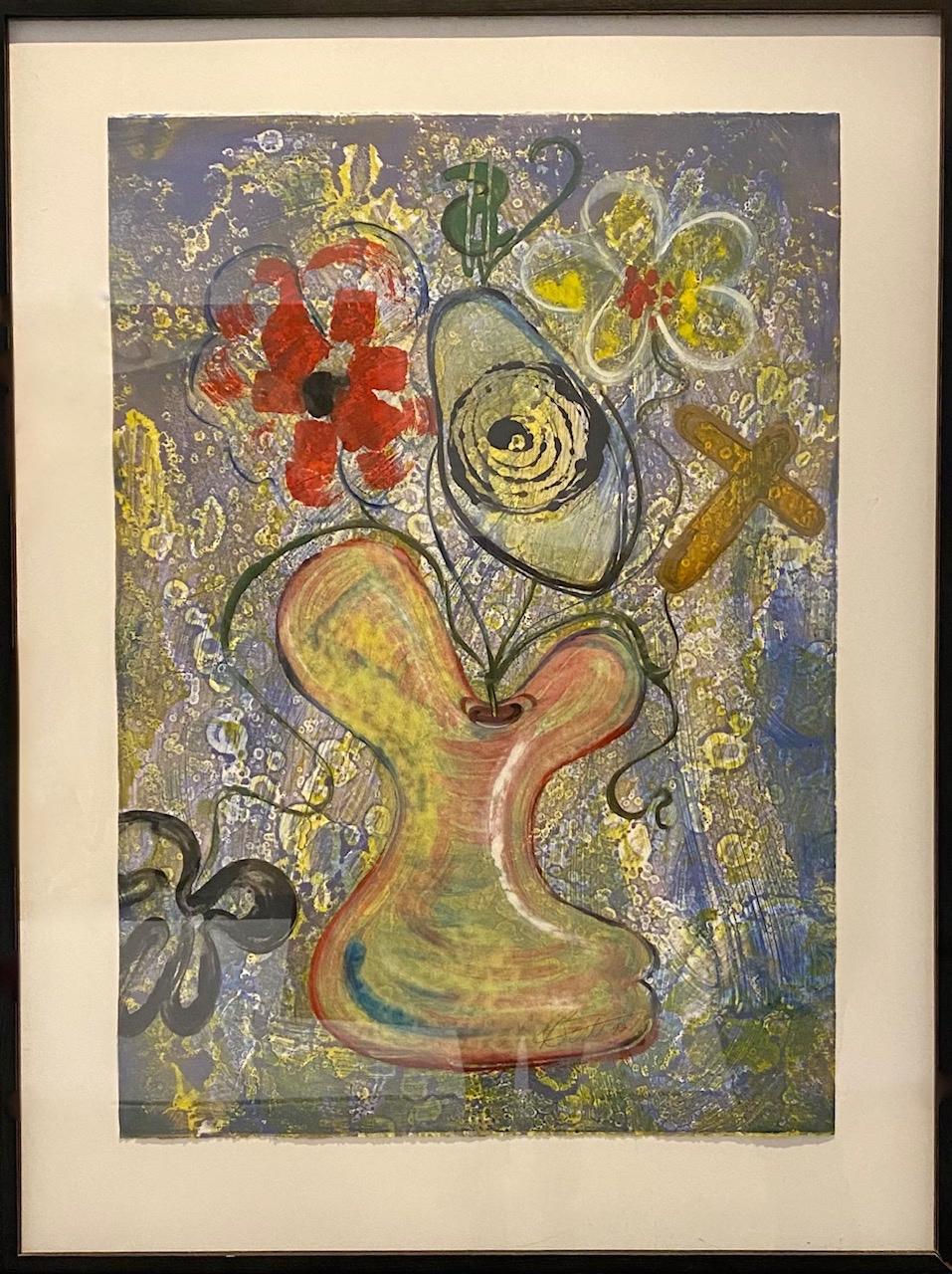 "Vase of Afterlife, " Colorful abstract Monoprint in Black Frame