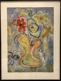 "Vase of Afterlife, " Colorful abstract Monoprint in Black Frame